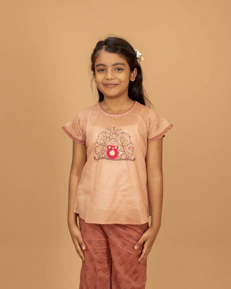 Girls Hand Embroidered Cotton 2 Piece Outfit Set – Soft Breathable Top & Printed Pants, Ethnic Casual Wear