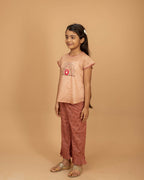 Girls Hand Embroidered Cotton 2 Piece Outfit Set – Soft Breathable Top & Printed Pants, Ethnic Casual Wear