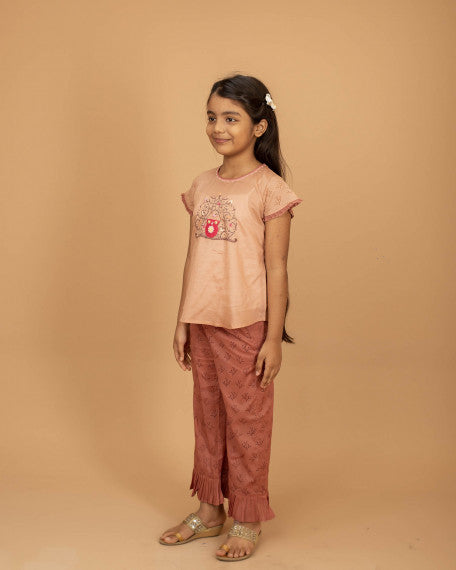 Girls Hand Embroidered Cotton 2 Piece Outfit Set – Soft Breathable Top & Printed Pants, Ethnic Casual Wear