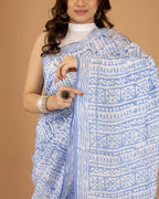Women’s Cotton Saree – Handcrafted Soft Cotton Blue & White Printed Saree, Lightweight Traditional Casual Wear