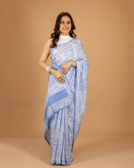 Women’s Cotton Saree – Handcrafted Soft Cotton Blue & White Printed Saree, Lightweight Traditional Casual Wear
