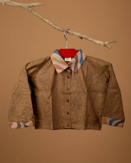Women’s Cotton Blouse – Handcrafted Brown Printed Ethnic Blouse with Collar Neck, 3/4 Sleeve Casual Wear