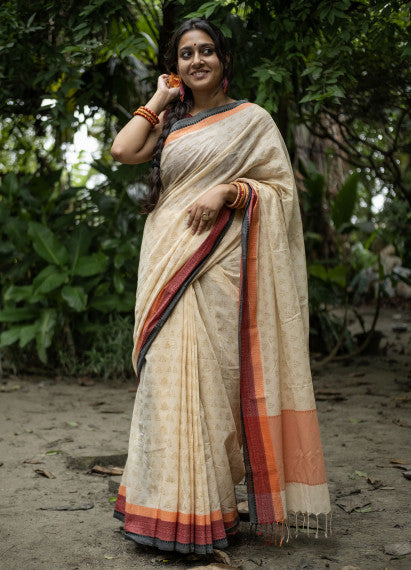 Women’s Cotton Saree – Handcrafted Soft Cotton Cream Saree with Multicolor Border, Lightweight Traditional Casual Wear