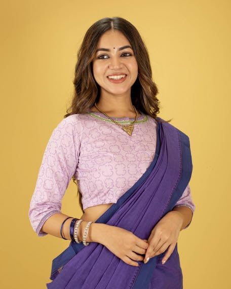 Women’s Cotton Blouse – Handcrafted Soft Cotton Purple Printed Ethnic Blouse, Round Neck 3/4 Sleeve Casual Wear