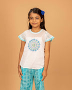 Girls Hand Embroidered Cotton 2 Piece Outfit Set – Soft Breathable Top & Printed Pants, Lightweight Ethnic Casual Wear