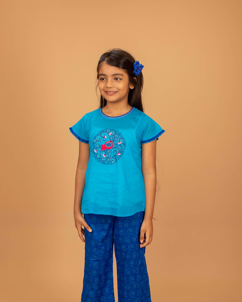 Girls Hand Embroidered Cotton 2 Piece Outfit Set – Soft Breathable Top & Printed Pants, Comfortable Ethnic Casual Wear