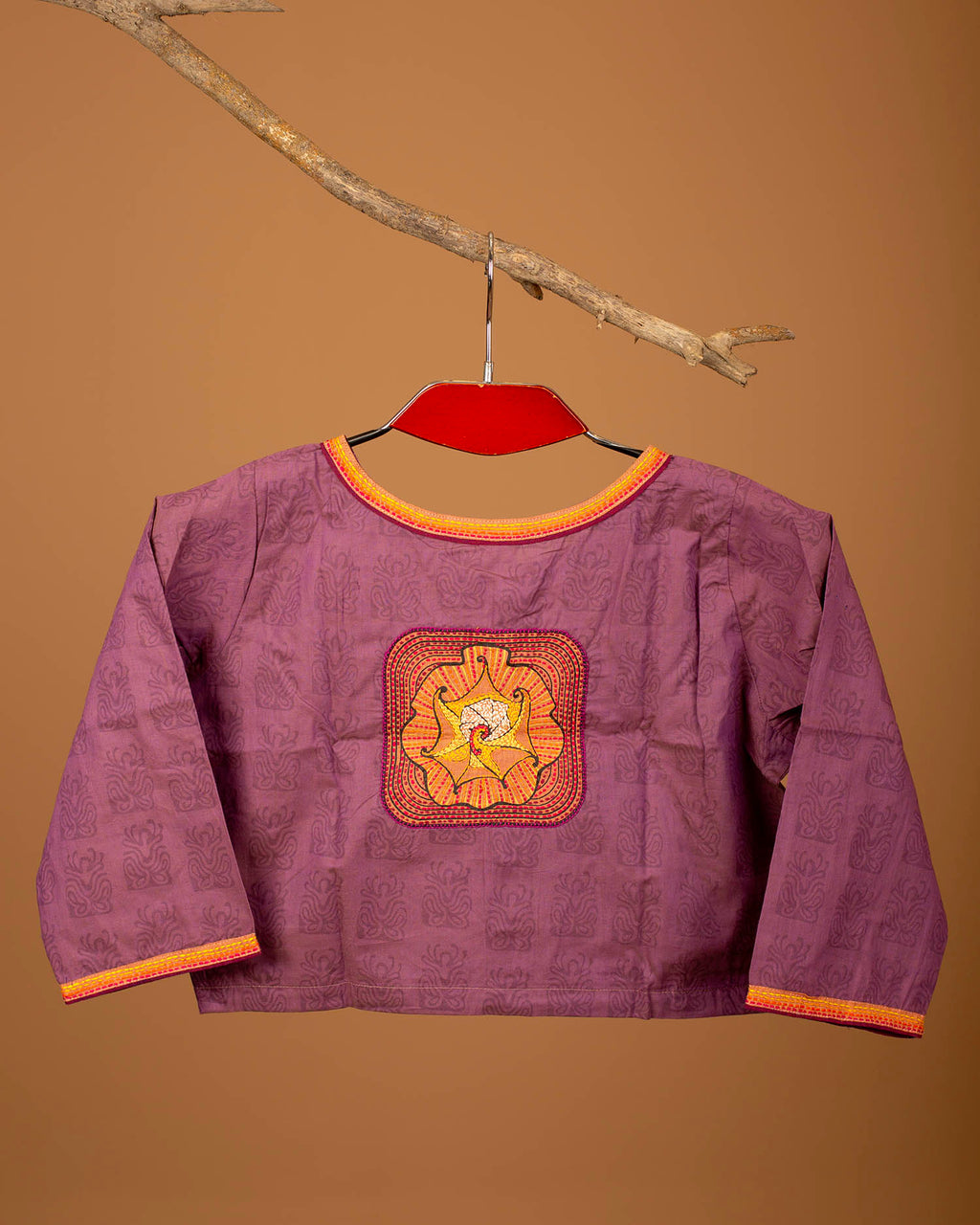 Women’s Cotton Blouse – Handcrafted Soft Cotton Purple Ethnic Blouse, Round Neck 3/4 Sleeve Festive Saree Blouse