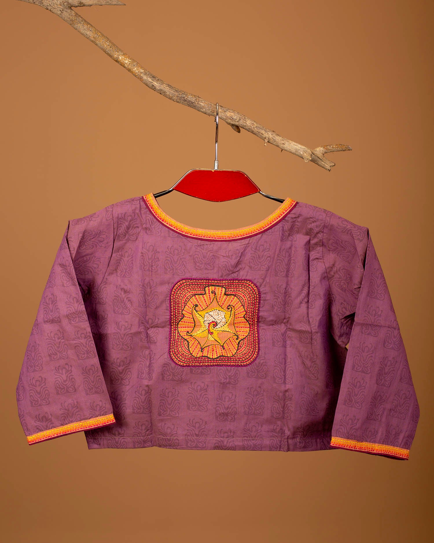 Women’s Cotton Blouse – Handcrafted Soft Cotton Purple Ethnic Blouse, Round Neck 3/4 Sleeve Festive Saree Blouse