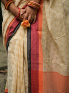 Women’s Cotton Saree – Handcrafted Soft Cotton Cream Saree with Multicolor Border, Lightweight Traditional Casual Wear