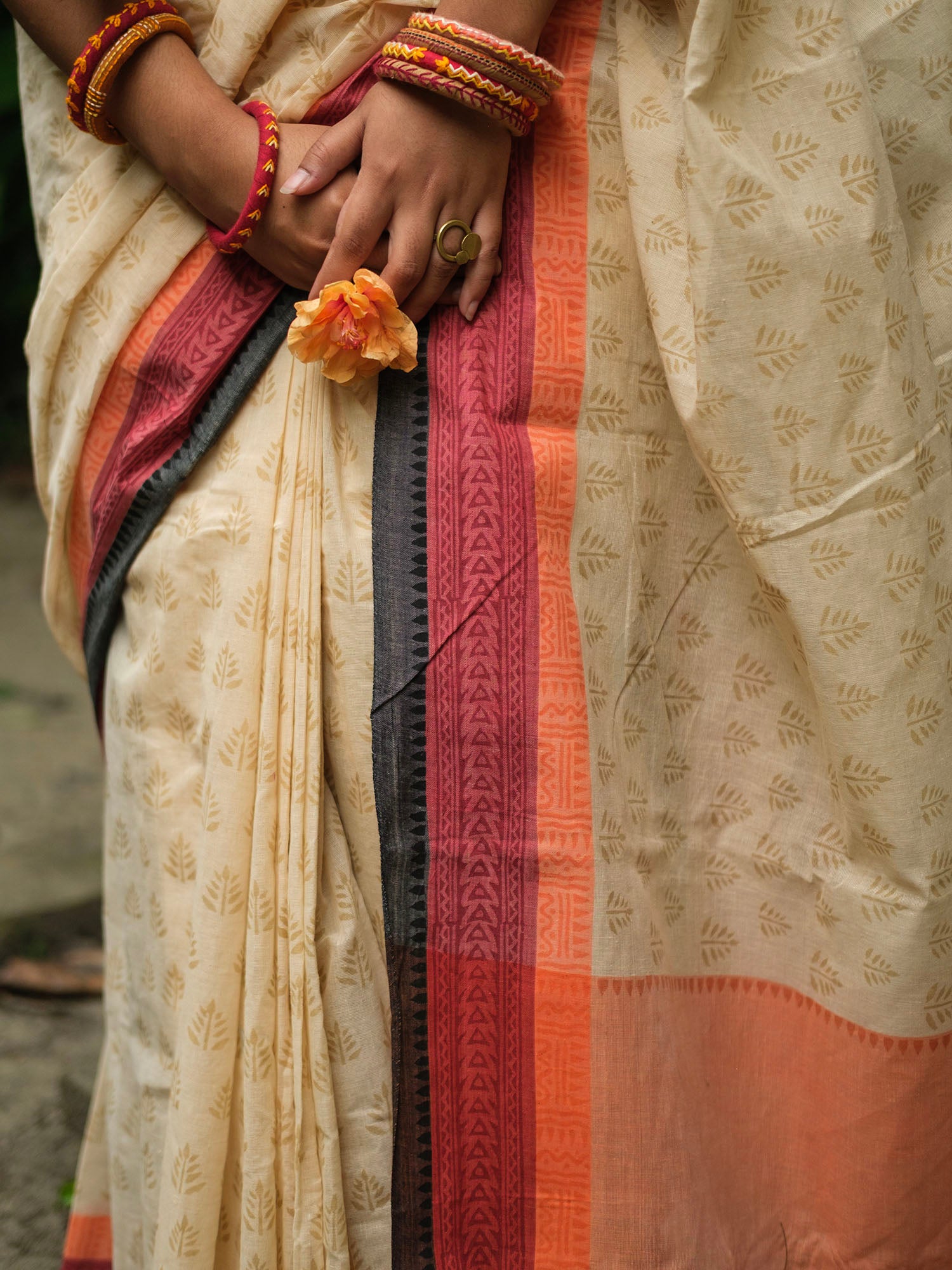 Women’s Cotton Saree – Handcrafted Soft Cotton Cream Saree with Multicolor Border, Lightweight Traditional Casual Wear