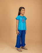 Girls Hand Embroidered Cotton 2 Piece Outfit Set – Soft Breathable Top & Printed Pants, Comfortable Ethnic Casual Wear