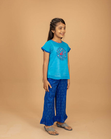 Girls Hand Embroidered Cotton 2 Piece Outfit Set – Soft Breathable Top & Printed Pants, Comfortable Ethnic Casual Wear