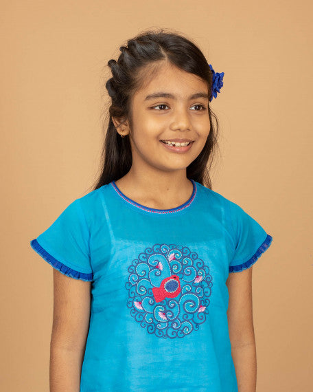 Girls Hand Embroidered Cotton 2 Piece Outfit Set – Soft Breathable Top & Printed Pants, Comfortable Ethnic Casual Wear