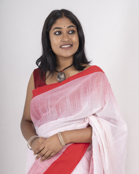 Women’s Cotton Saree – Handcrafted Lightweight Soft Cotton Saree with Red Border, Traditional Casual & Festive Wear