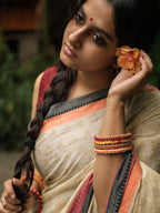 Women’s Cotton Saree – Handcrafted Soft Cotton Cream Saree with Multicolor Border, Lightweight Traditional Casual Wear