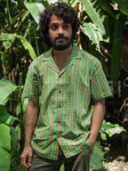 Men’s Cotton Kurta Shirt – Handmade Handcrafted Short Sleeve Casual Fotua with Mandarin Collar, Green Check