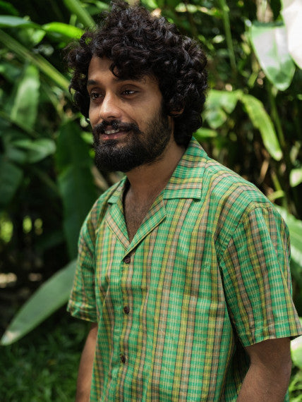 Men’s Cotton Kurta Shirt – Handmade Handcrafted Short Sleeve Casual Fotua with Mandarin Collar, Green Check