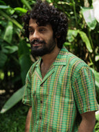 Men’s Cotton Kurta Shirt – Handmade Handcrafted Short Sleeve Casual Fotua with Mandarin Collar, Green Check
