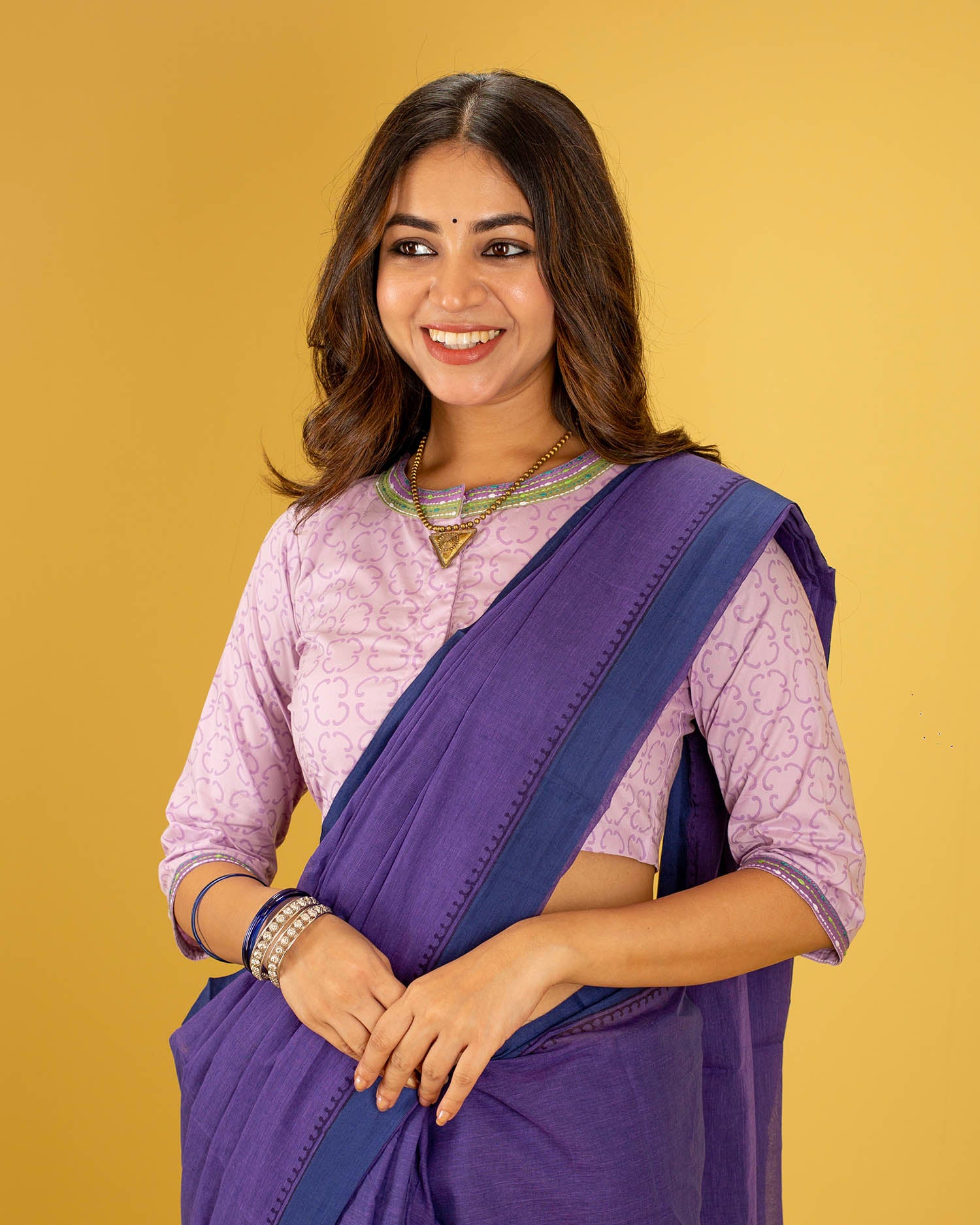 Women’s Cotton Blouse – Handcrafted Soft Cotton Purple Printed Ethnic Blouse, Round Neck 3/4 Sleeve Casual Wear