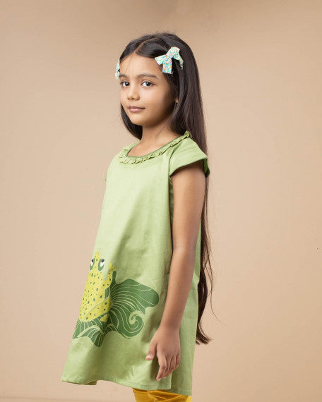 Handcrafted Cotton Girls Tunic Top Cute Frog Print Soft Breathable Summer Casual Kids Short Sleeve Comfortable Wear
