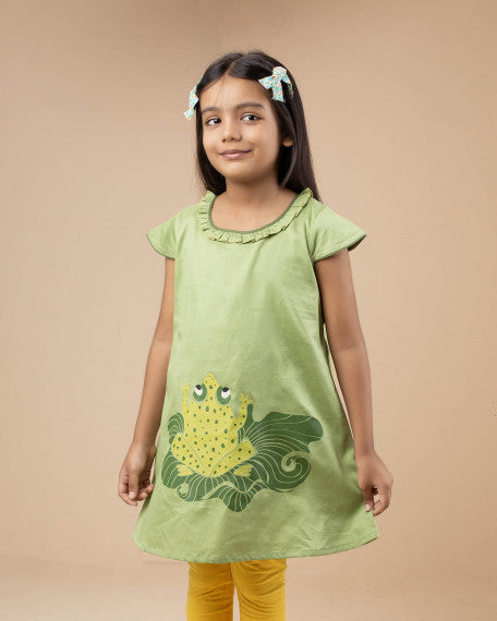 Handcrafted Cotton Girls Tunic Top Cute Frog Print Soft Breathable Summer Casual Kids Short Sleeve Comfortable Wear