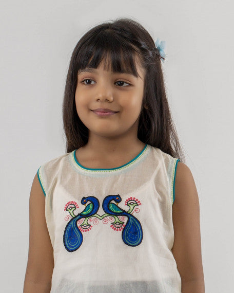 Girls Hand Embroidered Cotton 2 Piece Outfit Set – Sleeveless Top with Peacock Design & Comfortable Loose Fit Pants