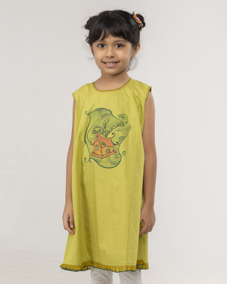 Handcrafted Cotton Girls Ethnic Tunic Frock Cute House Print Soft Breathable Sleeveless Casual Summer Kids Comfort Wear