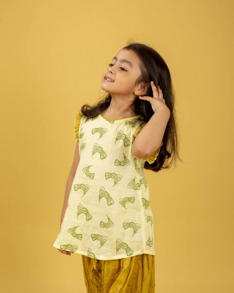 Girls Hand Embroidered Cotton 2 Piece Outfit Set – Soft Breathable Top & Printed Pants, Lightweight Ethnic Casual Wear