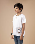Boys White Handloom Cotton Fotua Kurta Shirt – Short Sleeve Ethnic Kids Top with Cute Penguin Design Pocket