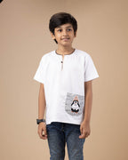 Boys White Handloom Cotton Fotua Kurta Shirt – Short Sleeve Ethnic Kids Top with Cute Penguin Design Pocket