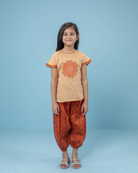 Hand Embroidered Girls 2 Piece Outfit – Fine Cotton Top & Pant Set, Soft Breathable Fabric, Ethnic Printed Design