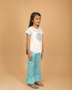 Girls Hand Embroidered Cotton 2 Piece Outfit Set – Soft Breathable Top & Printed Pants, Lightweight Ethnic Casual Wear