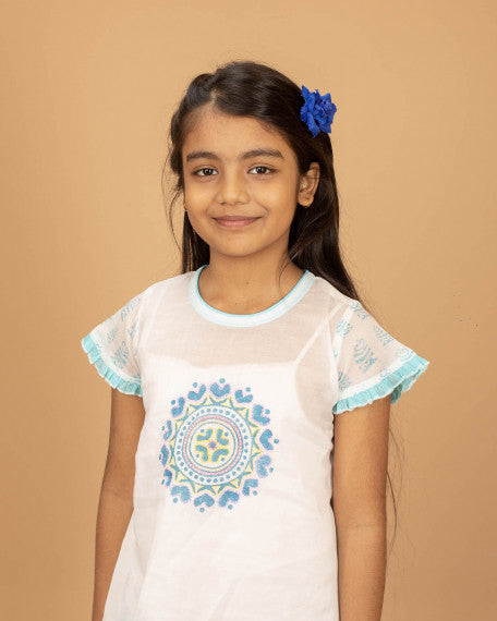 Girls Hand Embroidered Cotton 2 Piece Outfit Set – Soft Breathable Top & Printed Pants, Lightweight Ethnic Casual Wear